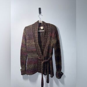 ALPS women’s Brown & Multicolor Wool blend chunky Belted  Sweater Cardigan L EUC